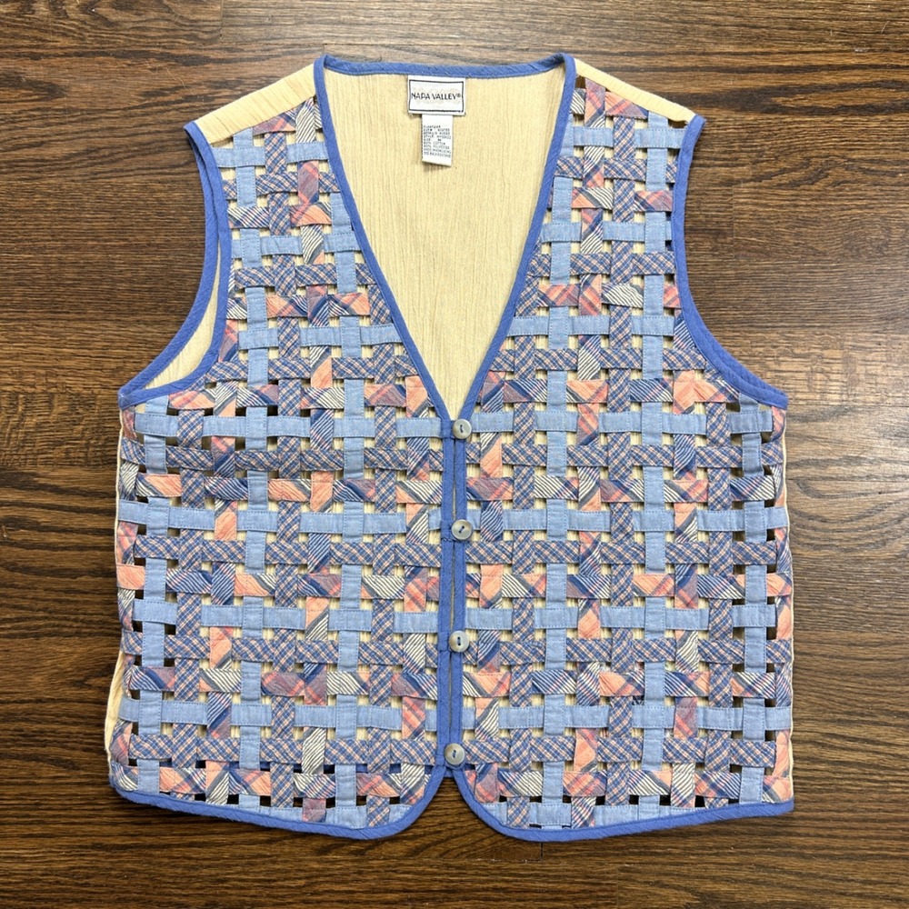 Napa Valley Vintage Woven Basketweave Vest Medium Blue‎ Peach Plaid Gauze Floral